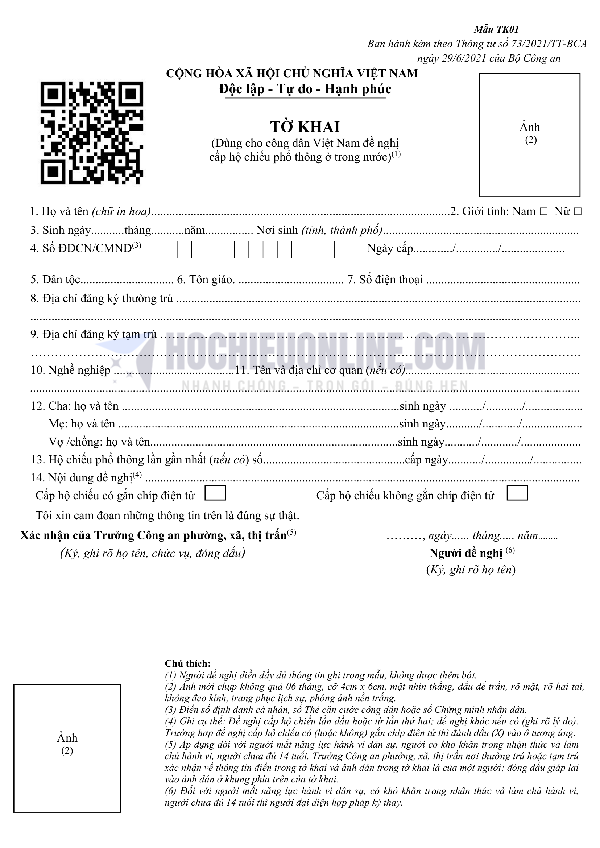 mẫu tờ khai hộ chiếu tk01