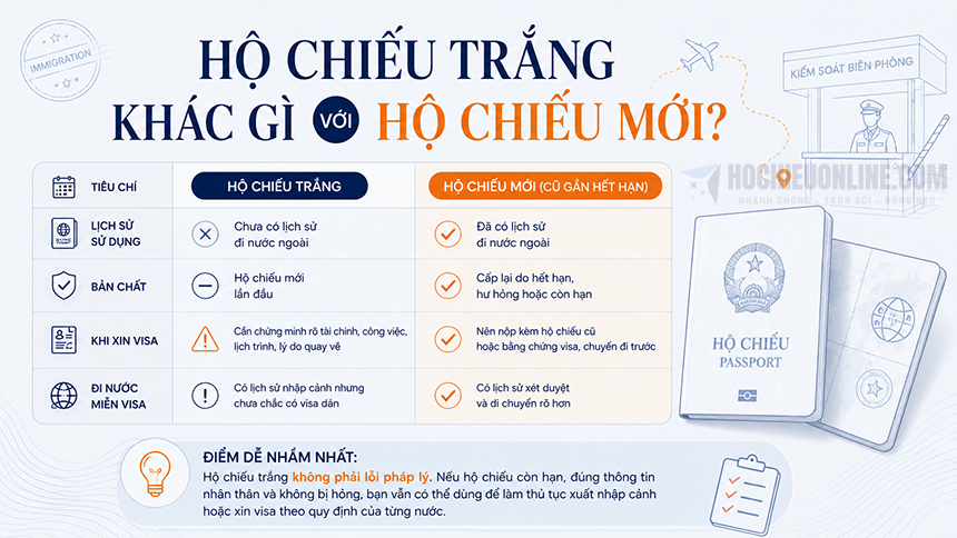 bảng so sánh hộ chiếu mới và hộ chiếu trắng